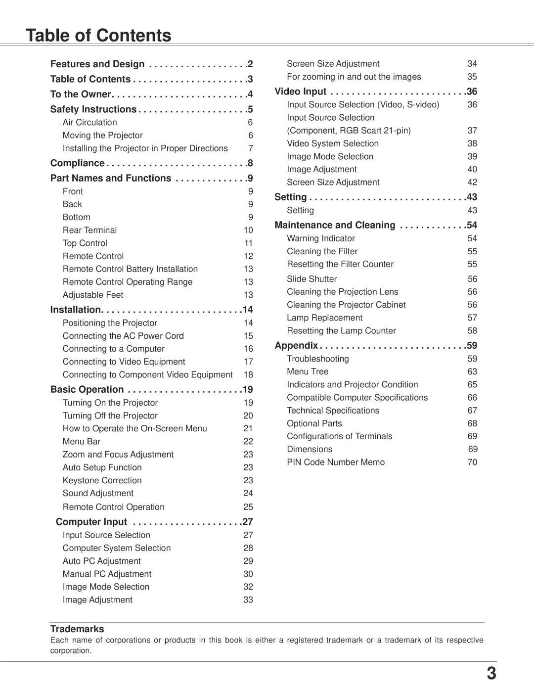 Eiki LC-XB42 owner manual Table of Contents 