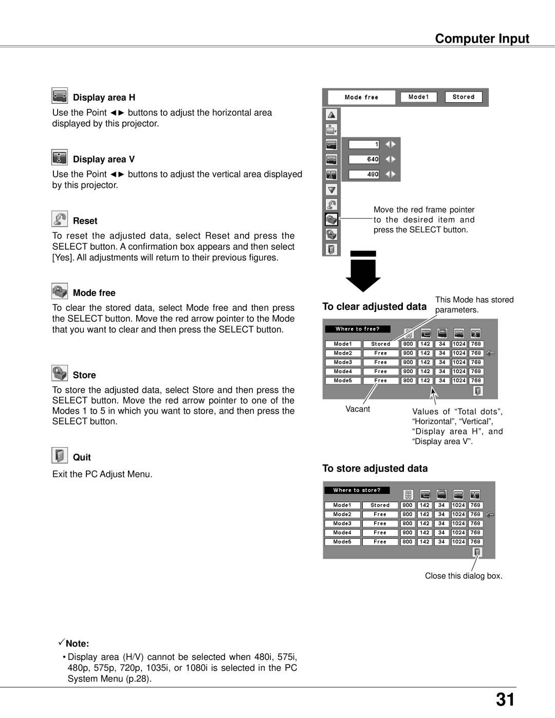 Eiki LC-XB42 owner manual Computer Input, To clear adjusted data parameters, To store adjusted data 