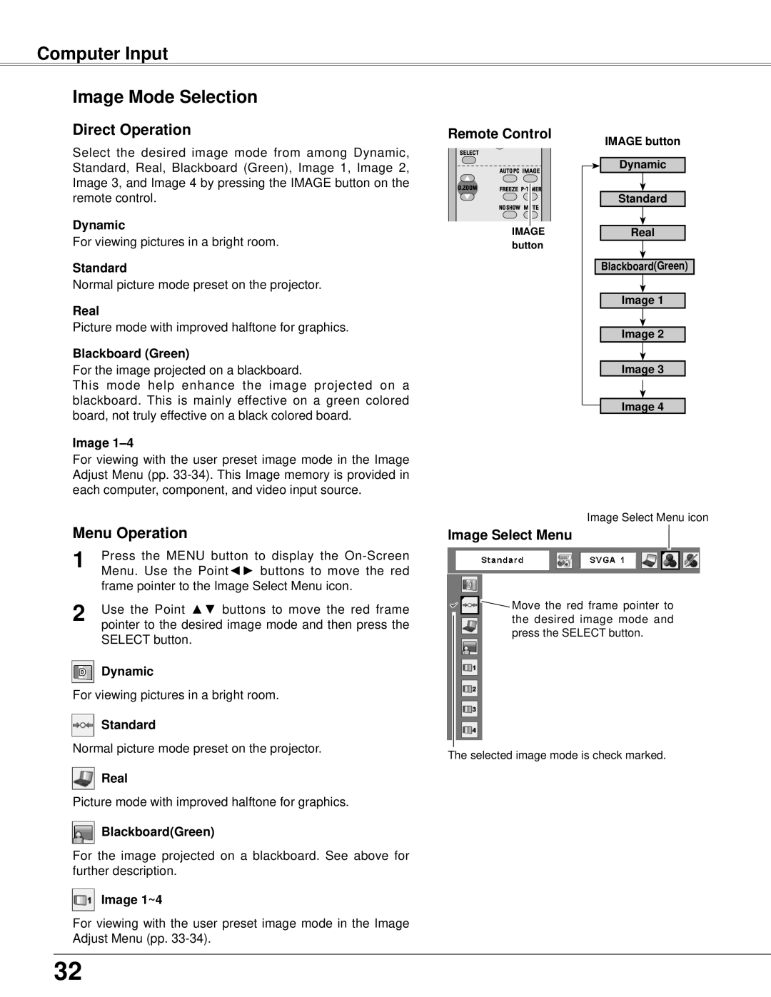 Eiki LC-XB42 owner manual Computer Input Image Mode Selection 