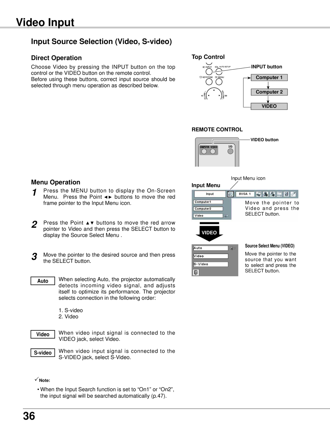 Eiki LC-XB42 owner manual Video Input, Input Source Selection Video, S-video 