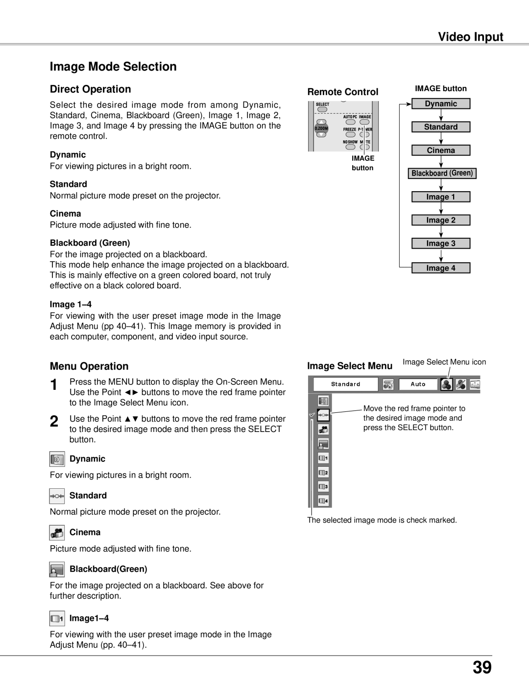 Eiki LC-XB42 owner manual Video Input Image Mode Selection, Cinema, Image1-4 