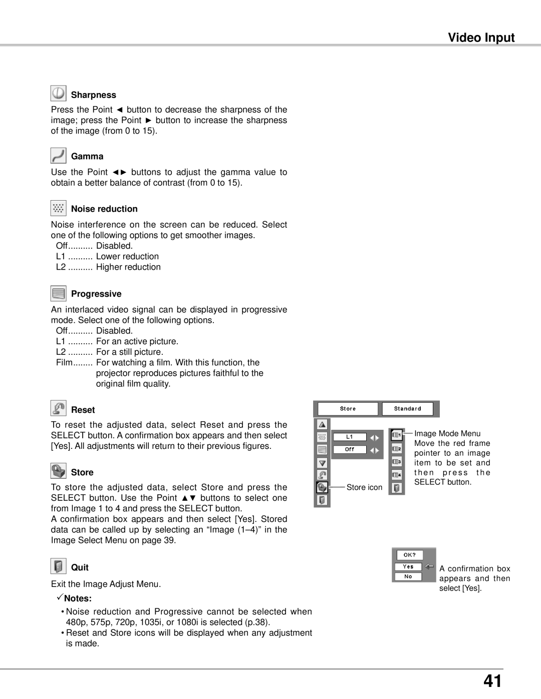 Eiki LC-XB42 owner manual Video Input, Noise reduction, Progressive 