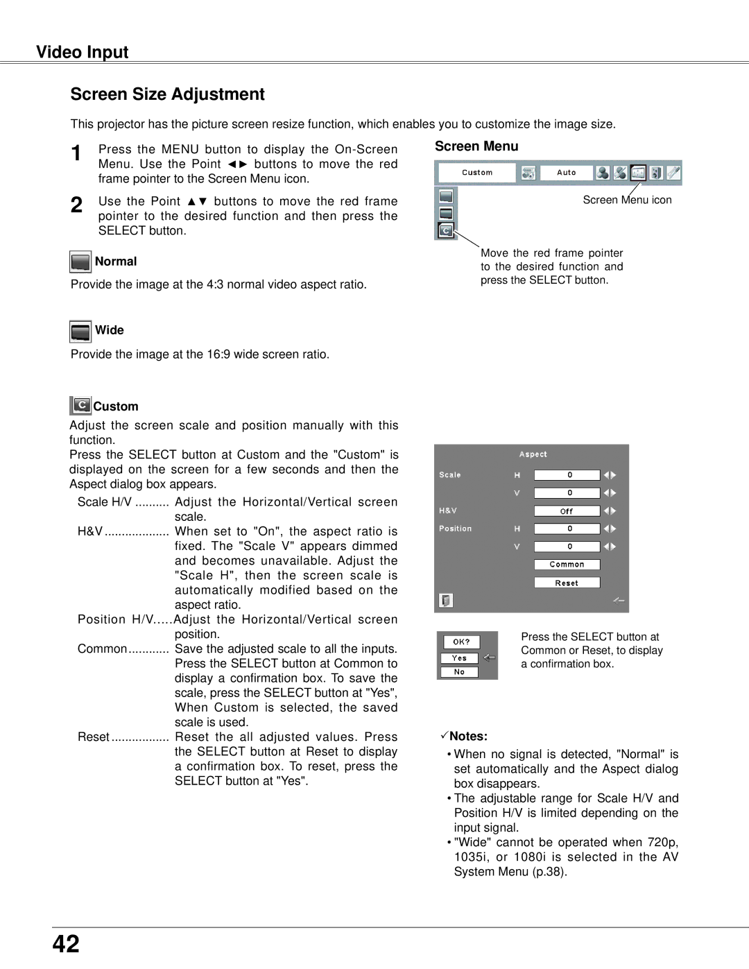 Eiki LC-XB42 owner manual Video Input Screen Size Adjustment, Normal 