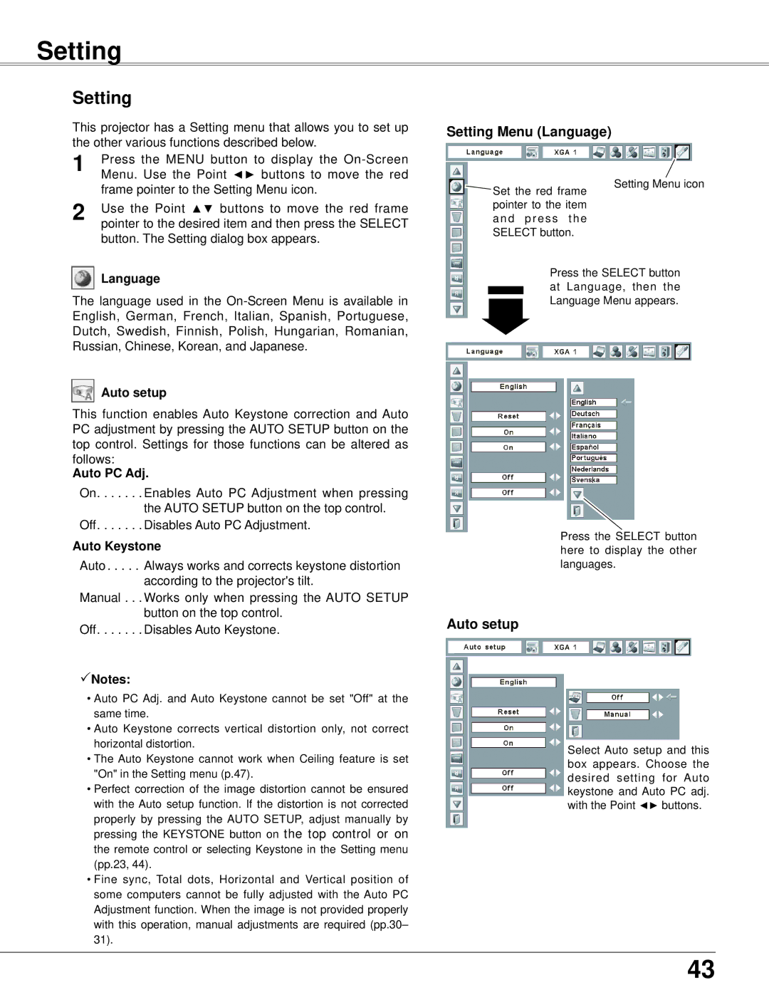 Eiki LC-XB42 owner manual Setting Menu Language, Auto setup 