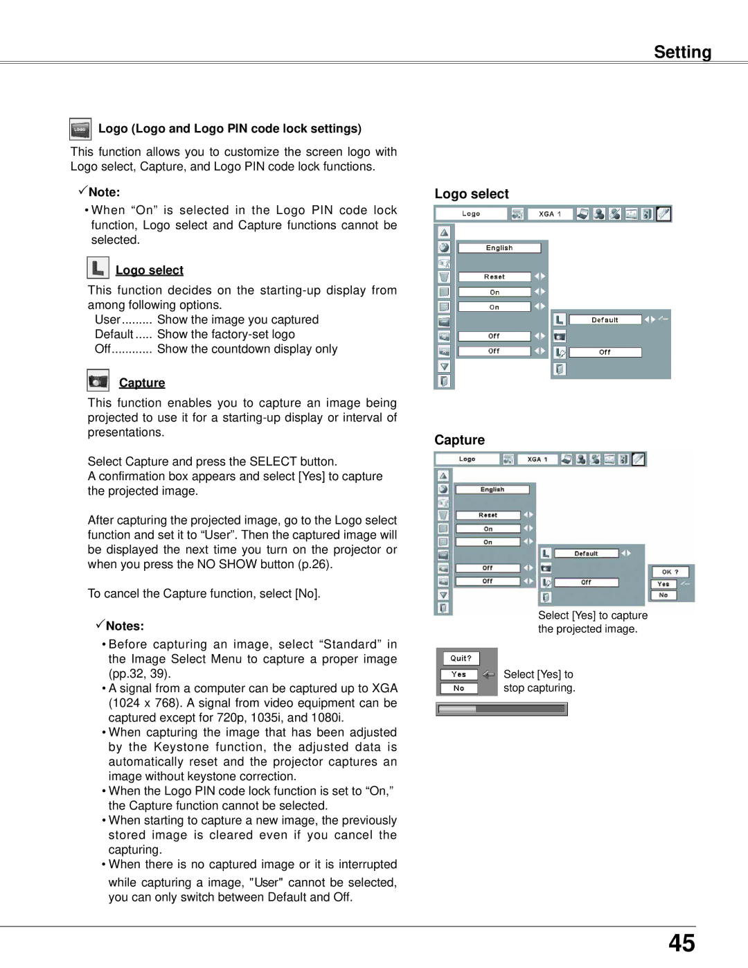 Eiki LC-XB42 owner manual Logo select Capture, Logo Logo and Logo PIN code lock settings 