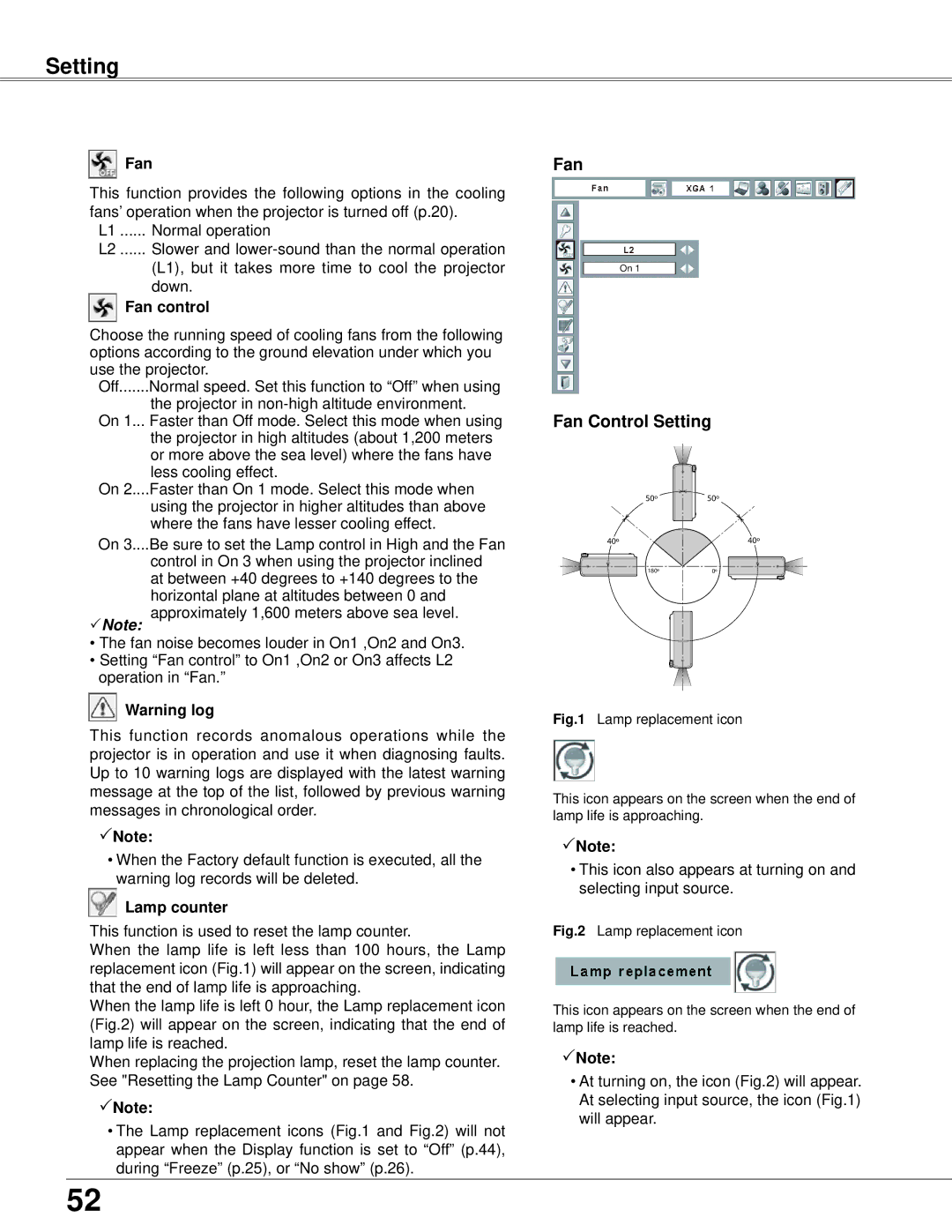 Eiki LC-XB42 owner manual Fan Fan Control Setting, Fan control, Lamp counter 