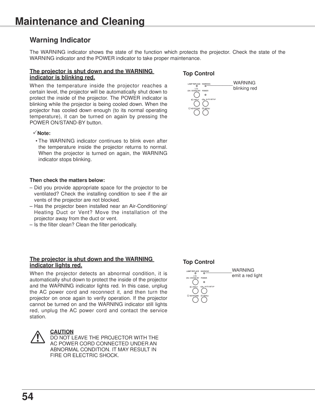 Eiki LC-XB42 owner manual Maintenance and Cleaning, Projector is shut down and the Warning, Indicator is blinking red 