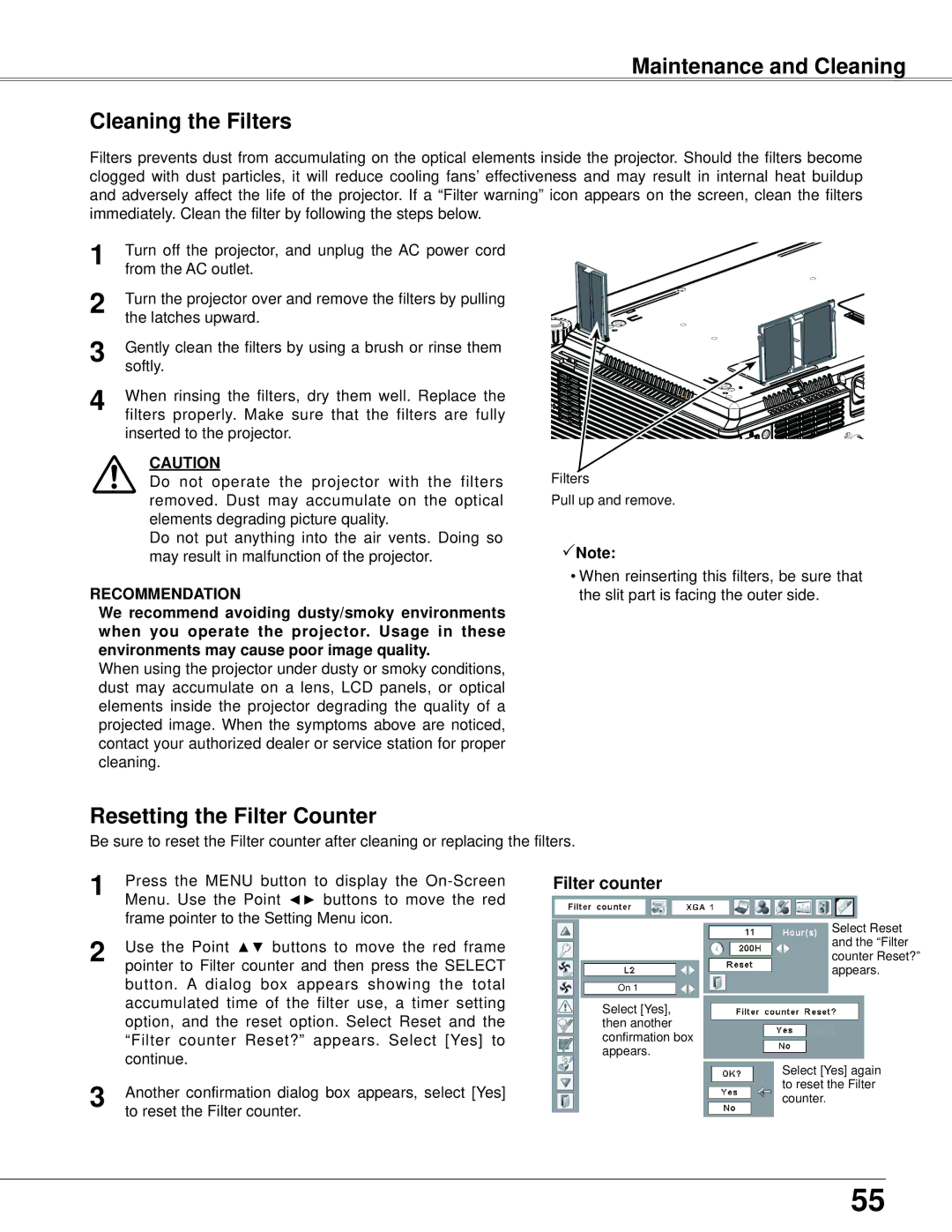 Eiki LC-XB42 owner manual Maintenance and Cleaning Cleaning the Filters, Resetting the Filter Counter 