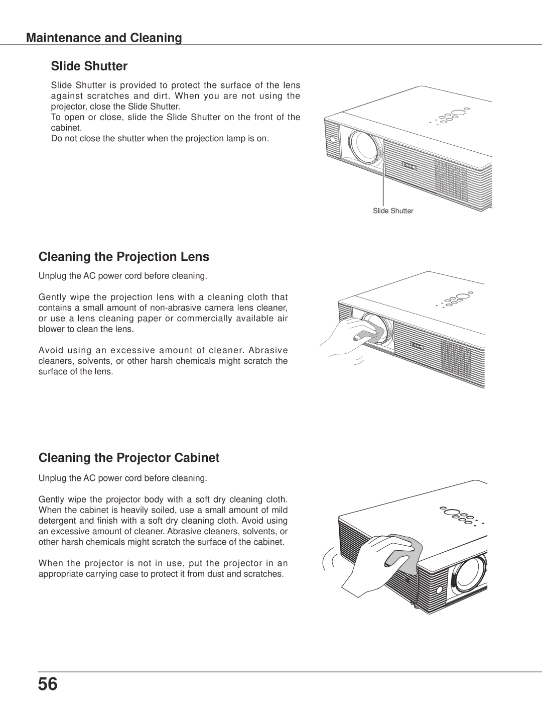 Eiki LC-XB42 Maintenance and Cleaning Slide Shutter, Cleaning the Projection Lens, Cleaning the Projector Cabinet 