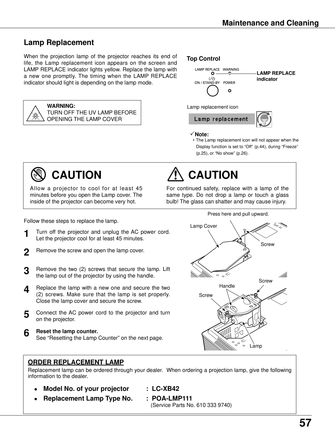 Eiki LC-XB42 owner manual Maintenance and Cleaning Lamp Replacement, Reset the lamp counter, Service Parts No 333 