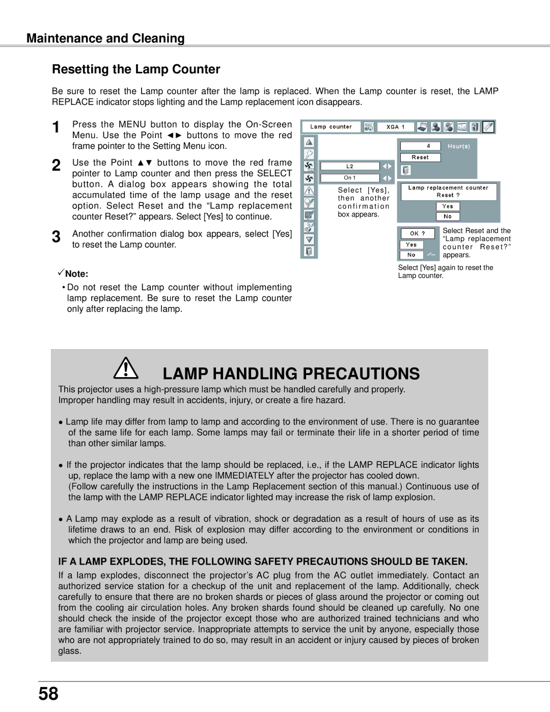 Eiki LC-XB42 owner manual Lamp Handling Precautions, Maintenance and Cleaning Resetting the Lamp Counter 