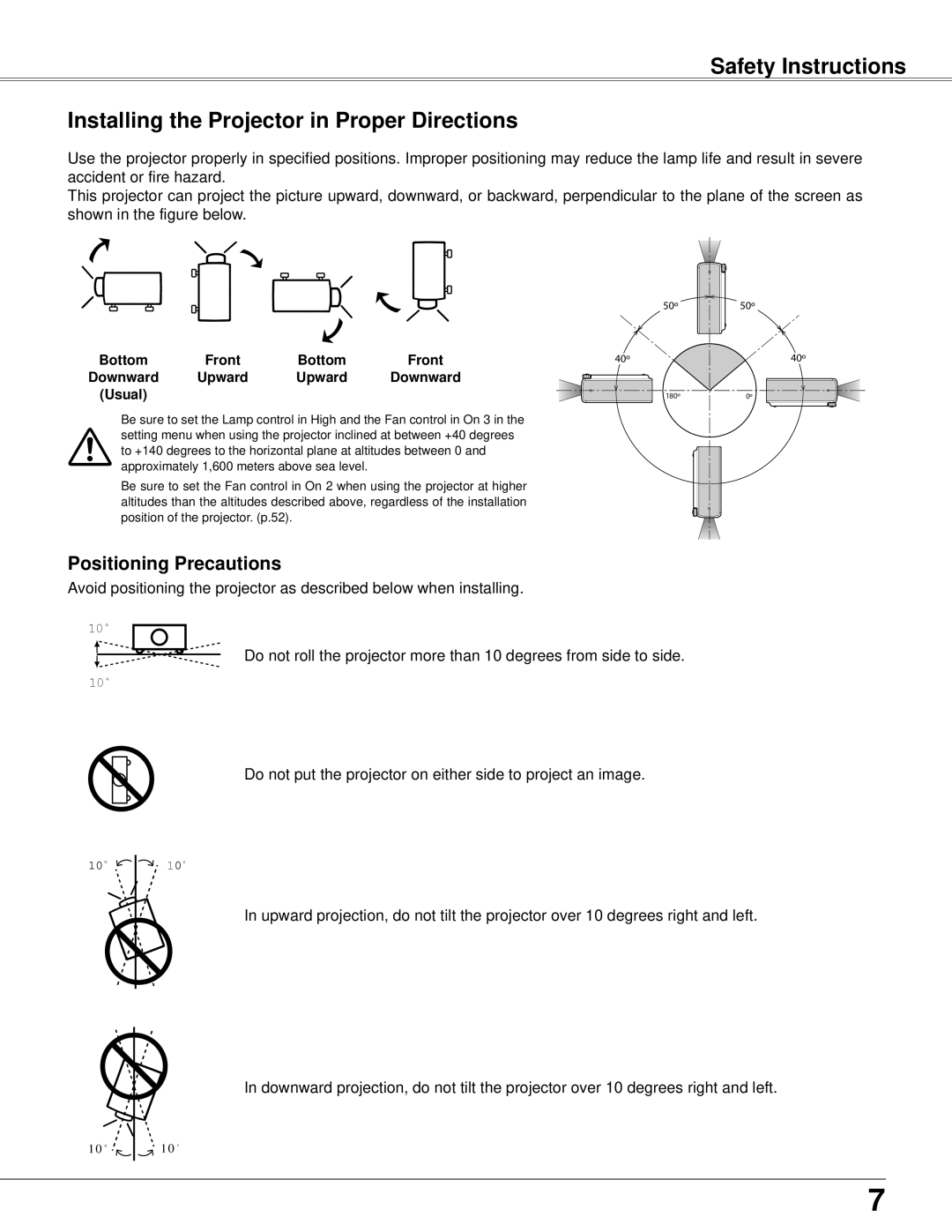 Eiki LC-XB42 owner manual Positioning Precautions, Bottom Front Downward Upward Usual 