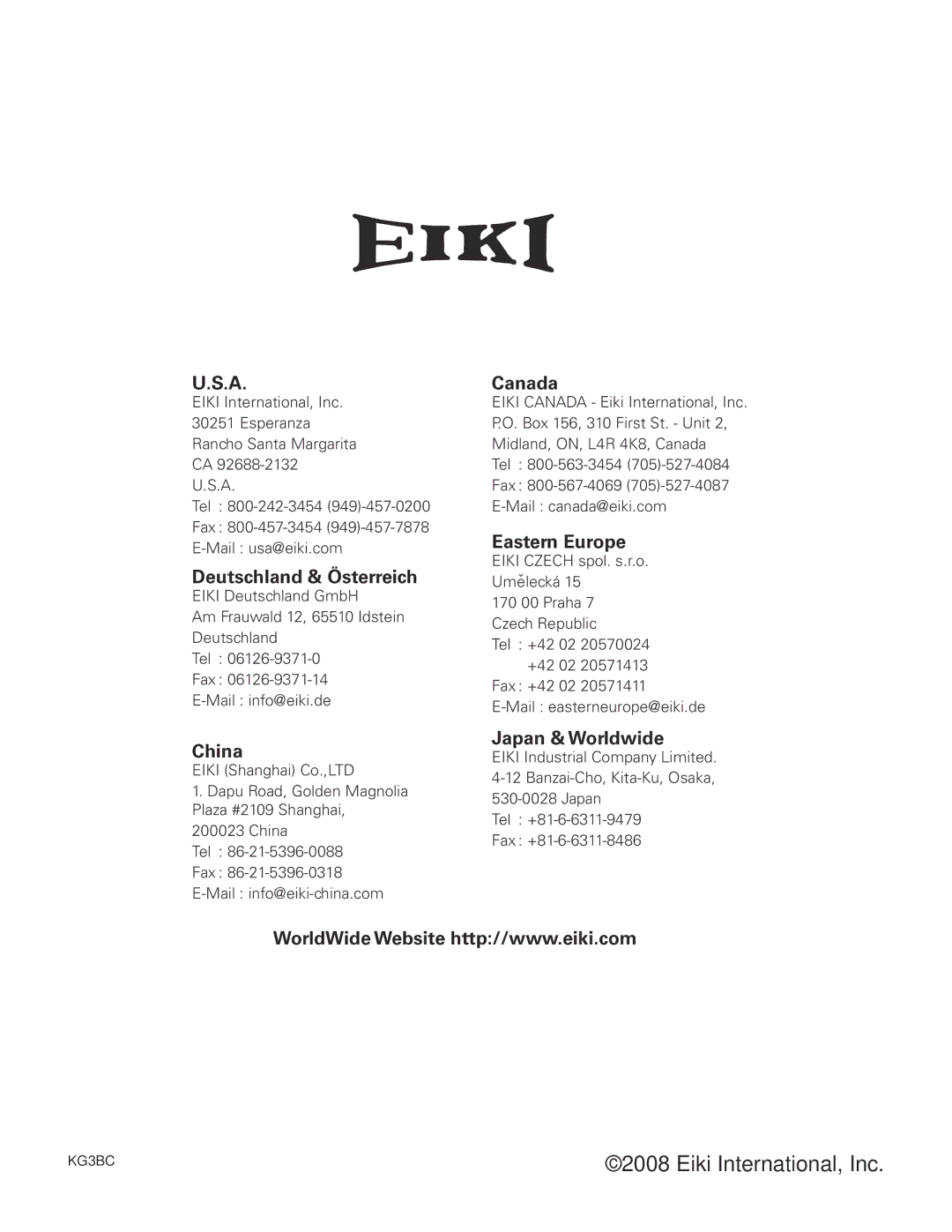 Eiki LC-XB42 owner manual Deutschland & Österreich, China, Canada, Eastern Europe, Japan & Worldwide 