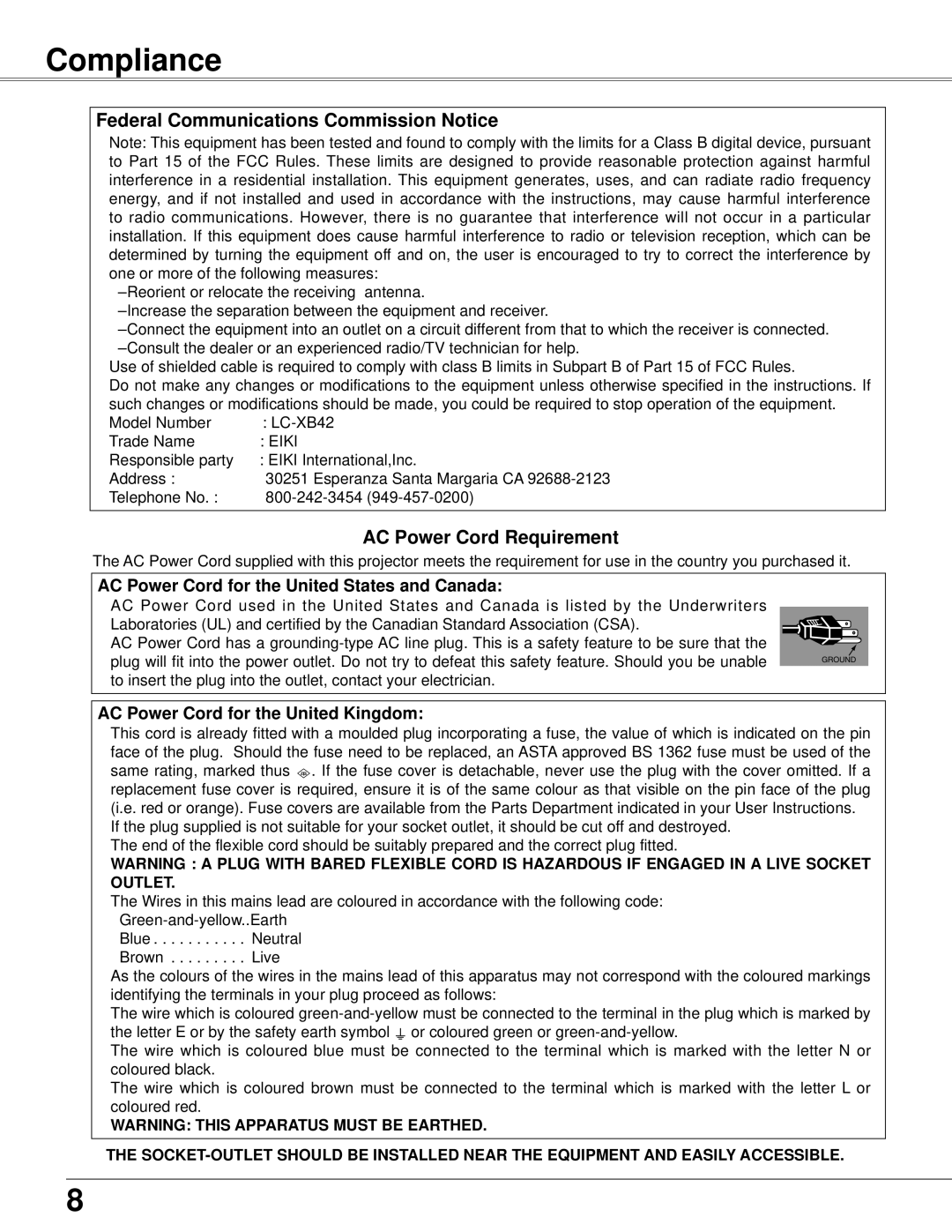 Eiki LC-XB42 owner manual Compliance, Federal Communications Commission Notice, AC Power Cord Requirement 