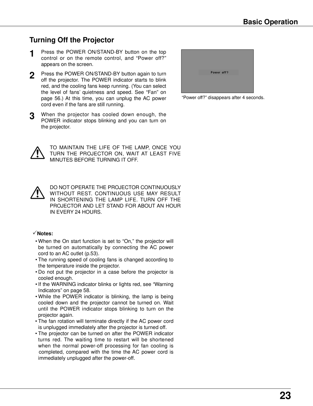 Eiki LC-XB42N owner manual Basic Operation Turning Off the Projector, “Power off?” disappears after 4 seconds 