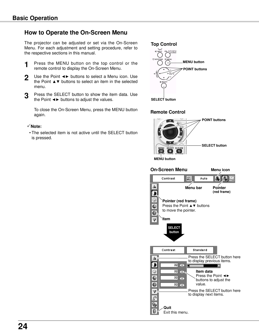 Eiki LC-XB42N owner manual Basic Operation How to Operate the On-Screen Menu, Top Control, Remote Control 