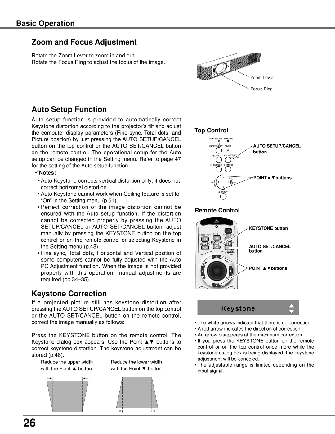 Eiki LC-XB42N owner manual Basic Operation Zoom and Focus Adjustment, Auto Setup Function, Keystone Correction 