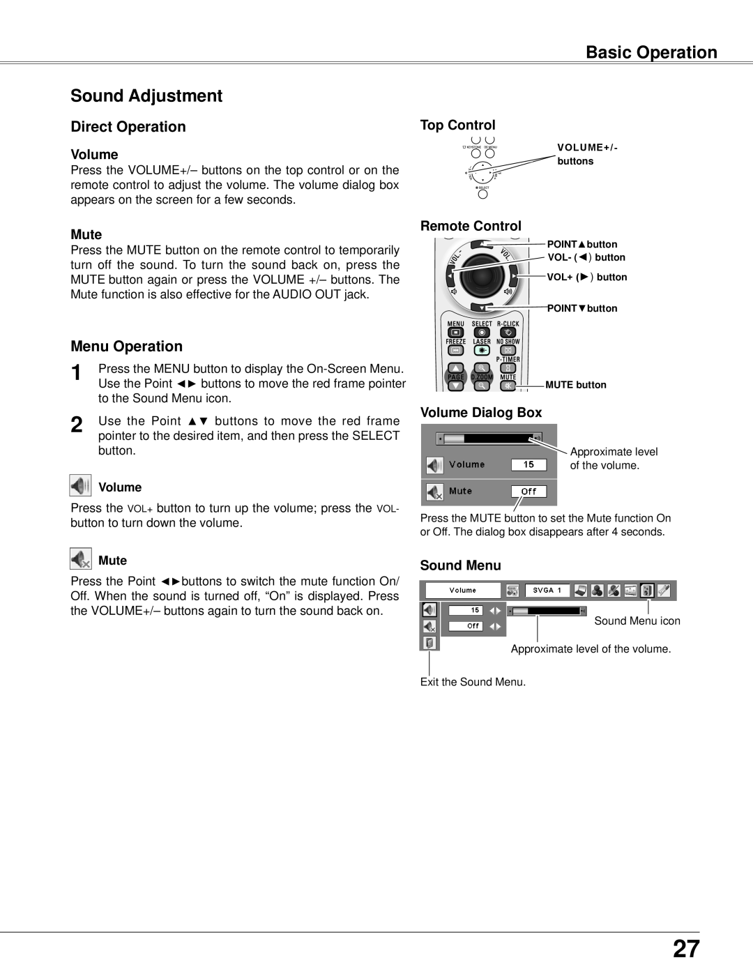 Eiki LC-XB42N owner manual Basic Operation, Sound Adjustment, Direct Operation, Menu Operation 