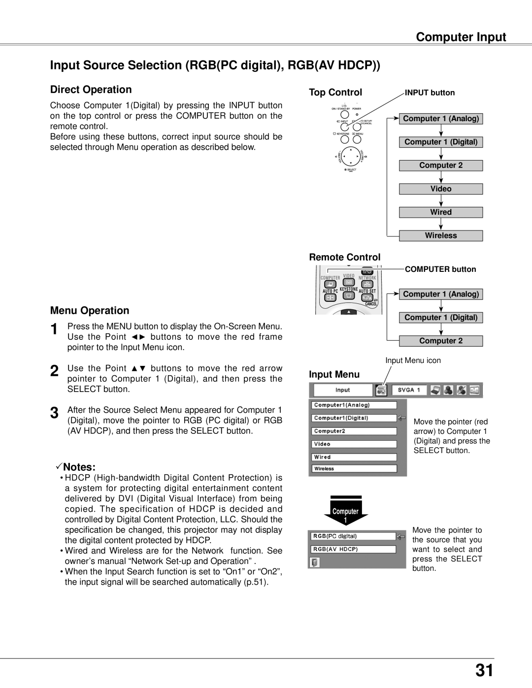 Eiki LC-XB42N Computer Input Input Source Selection RGBPC digital, RGBAV HDCP, Direct Operation, Menu Operation, Notes 
