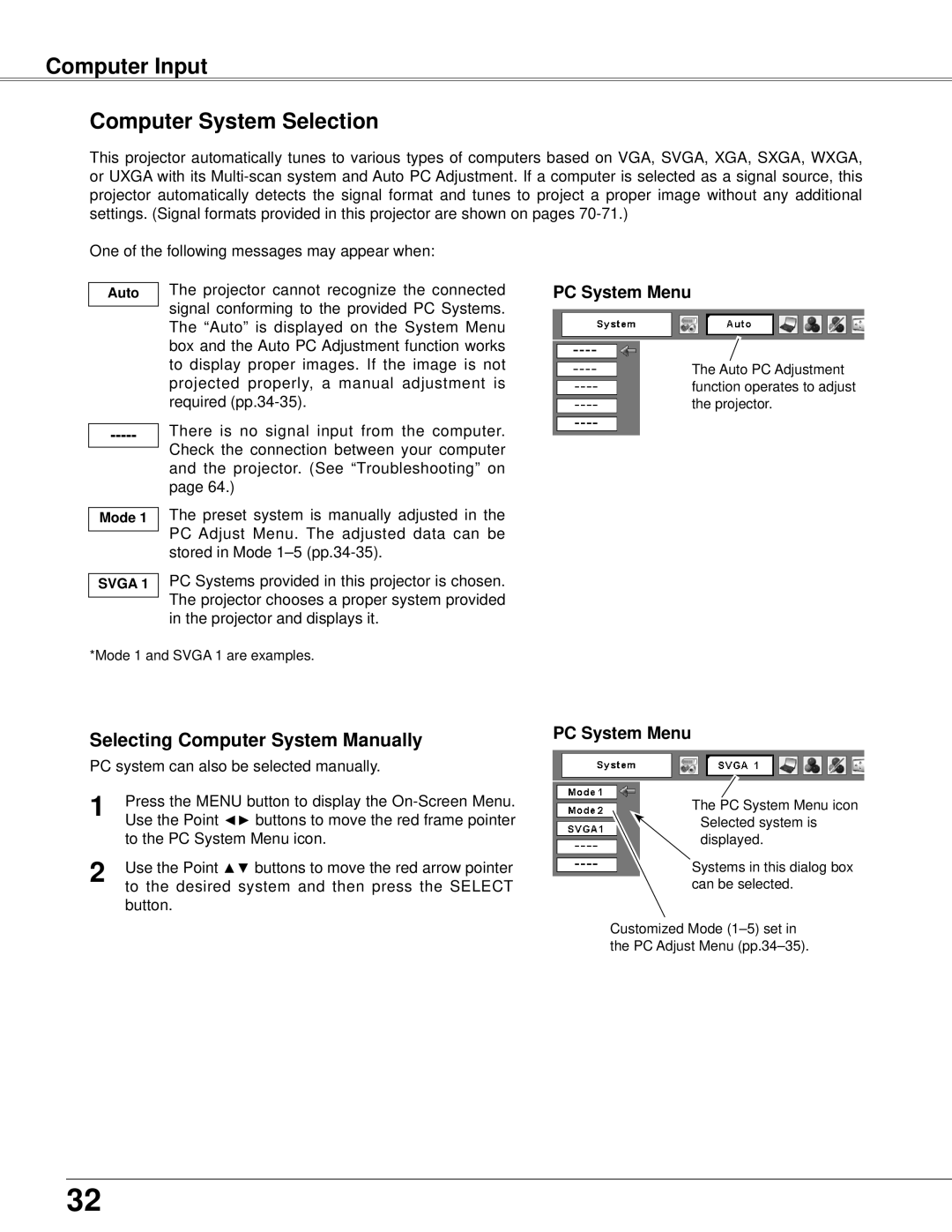Eiki LC-XB42N owner manual Computer Input Computer System Selection, Selecting Computer System Manually 