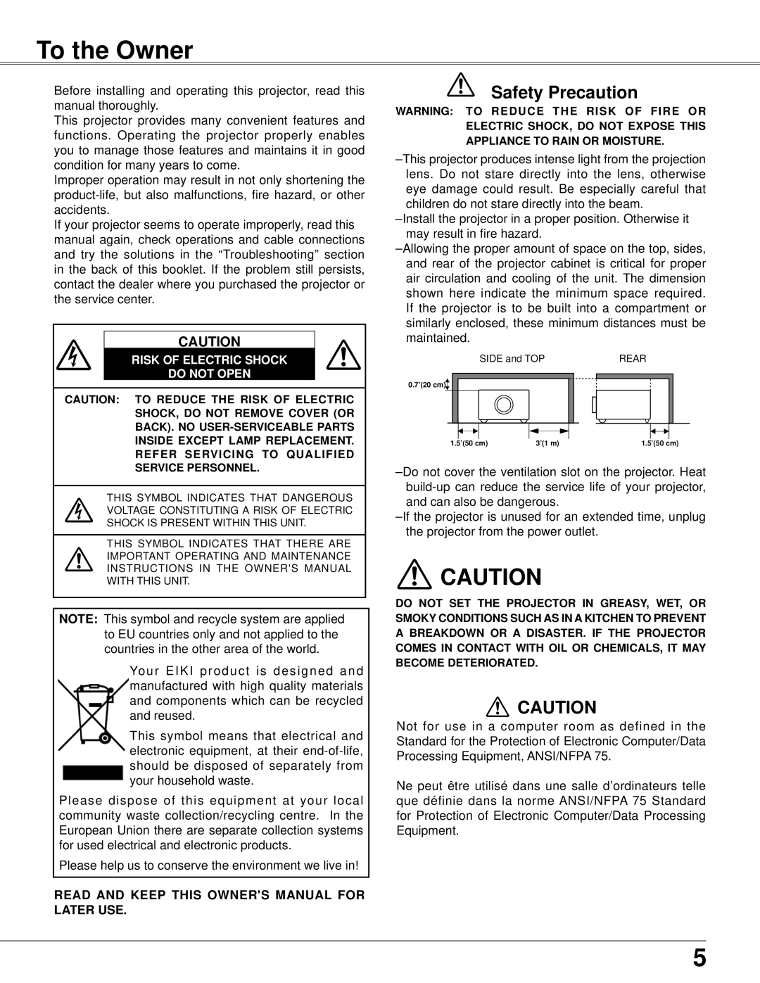 Eiki LC-XB42N owner manual To the Owner, Safety Precaution, Risk Of Electric Shock Do Not Open 