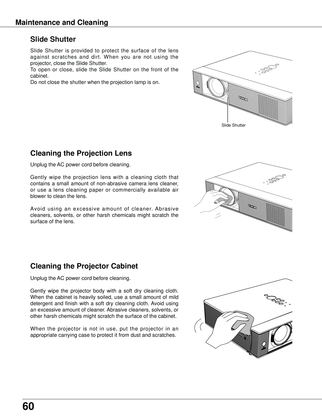 Eiki LC-XB42N Maintenance and Cleaning Slide Shutter, Cleaning the Projection Lens, Cleaning the Projector Cabinet 