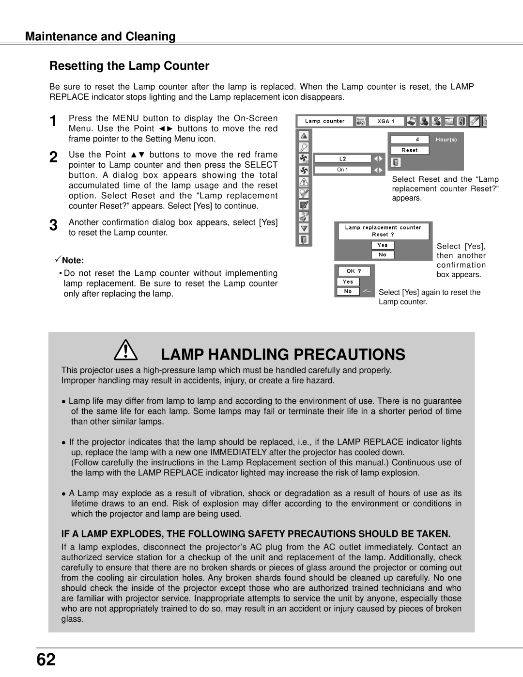 Eiki LC-XB42N owner manual Maintenance and Cleaning Resetting the Lamp Counter, Lamp Handling Precautions 