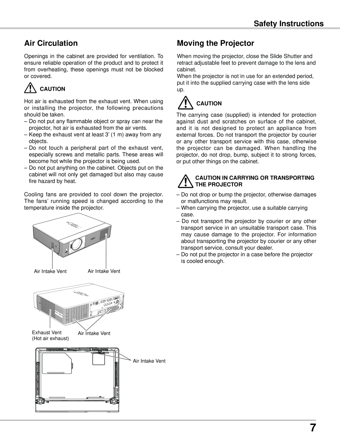 Eiki LC-XB42N owner manual Safety Instructions, Air Circulation, Moving the Projector 