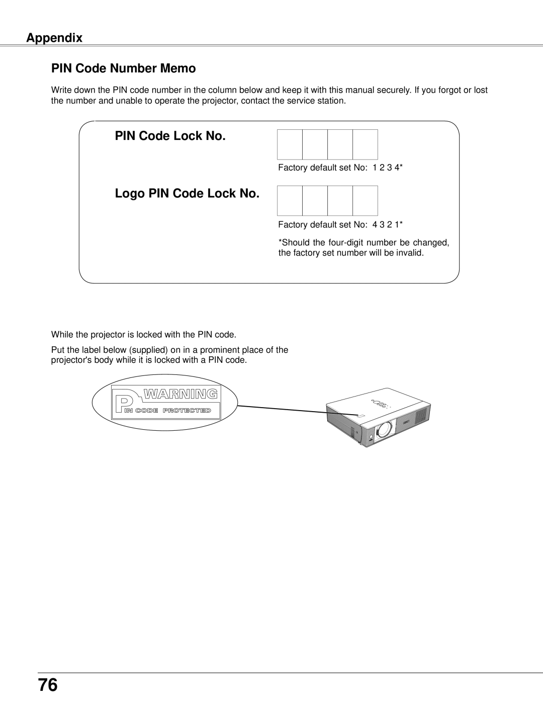 Eiki LC-XB42N owner manual Appendix PIN Code Number Memo, Logo PIN Code Lock No 
