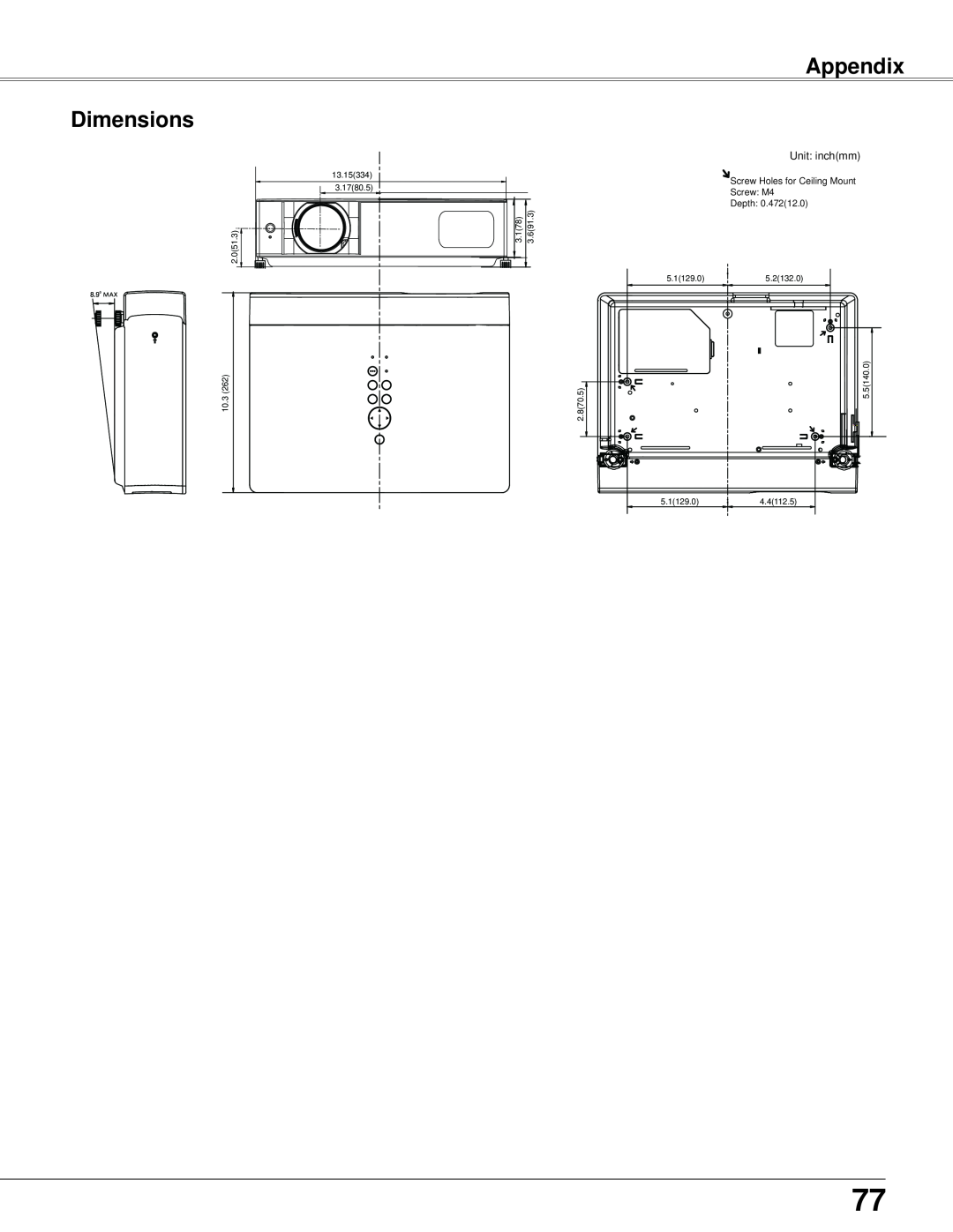 Eiki LC-XB42N owner manual Appendix Dimensions, Unit inchmm, Screw Holes for Ceiling Mount Screw M4 Depth 