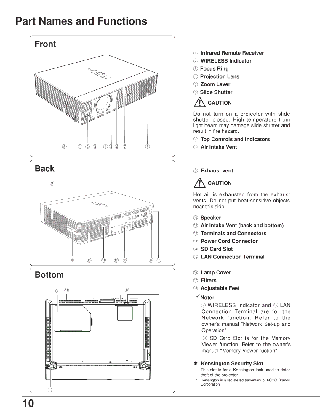 Eiki LC-XB42N owner manual Part Names and Functions, Bottom 