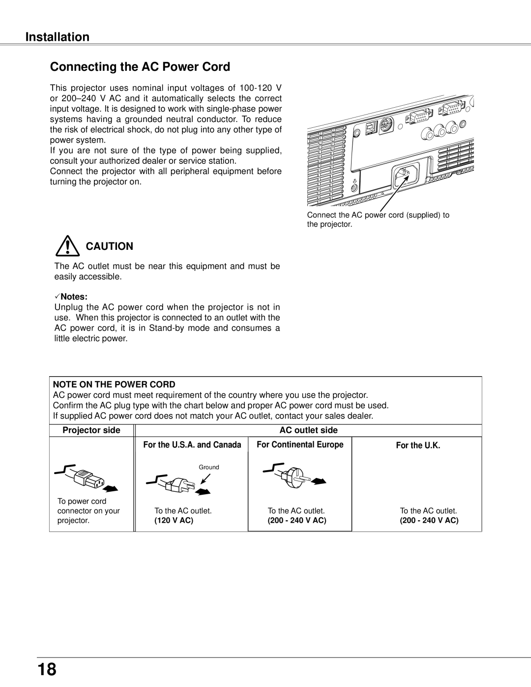 Eiki LC-XB42N owner manual Installation Connecting the AC Power Cord, Projector side AC outlet side 