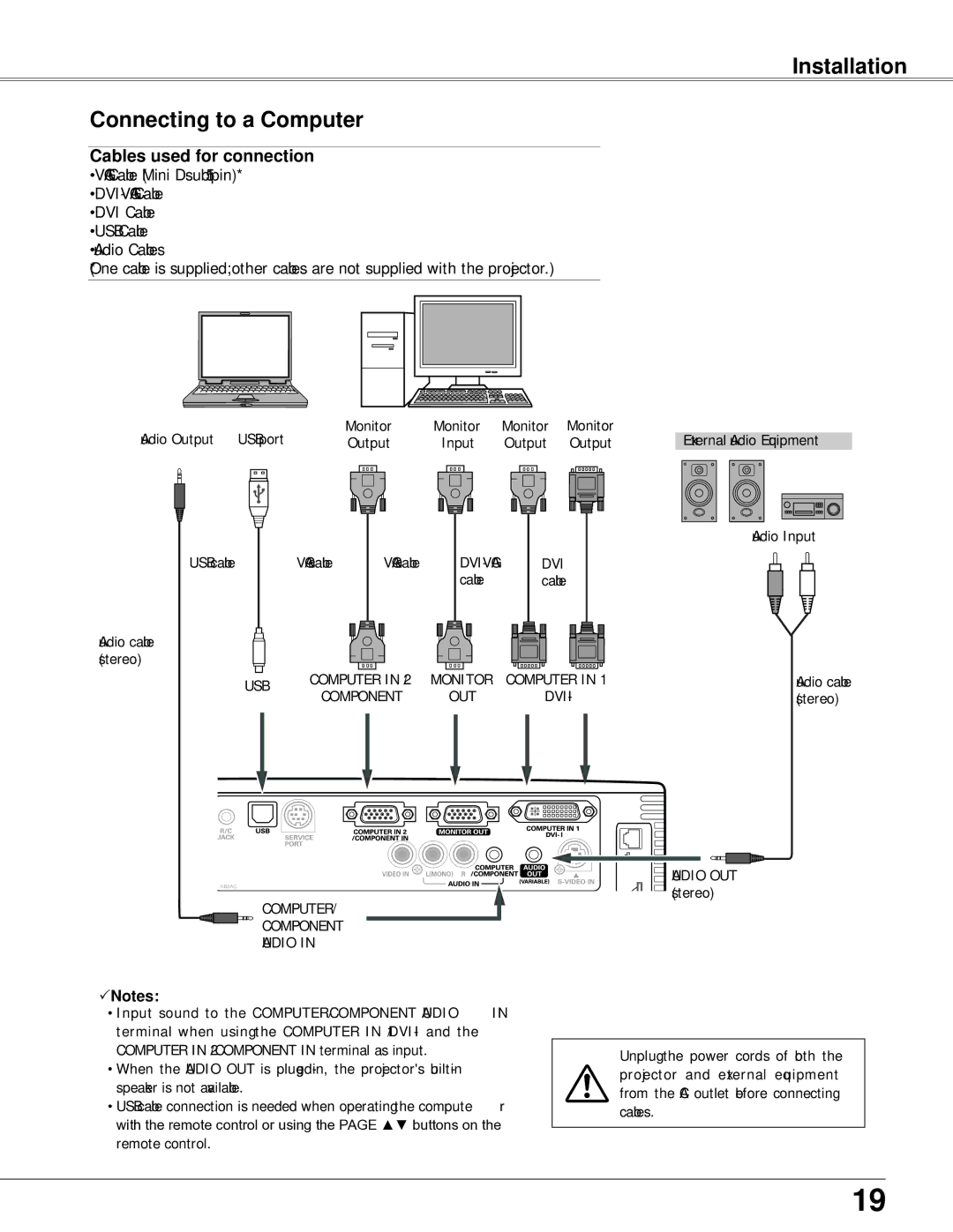 Eiki LC-XB42N owner manual Installation Connecting to a Computer, Cables used for connection 