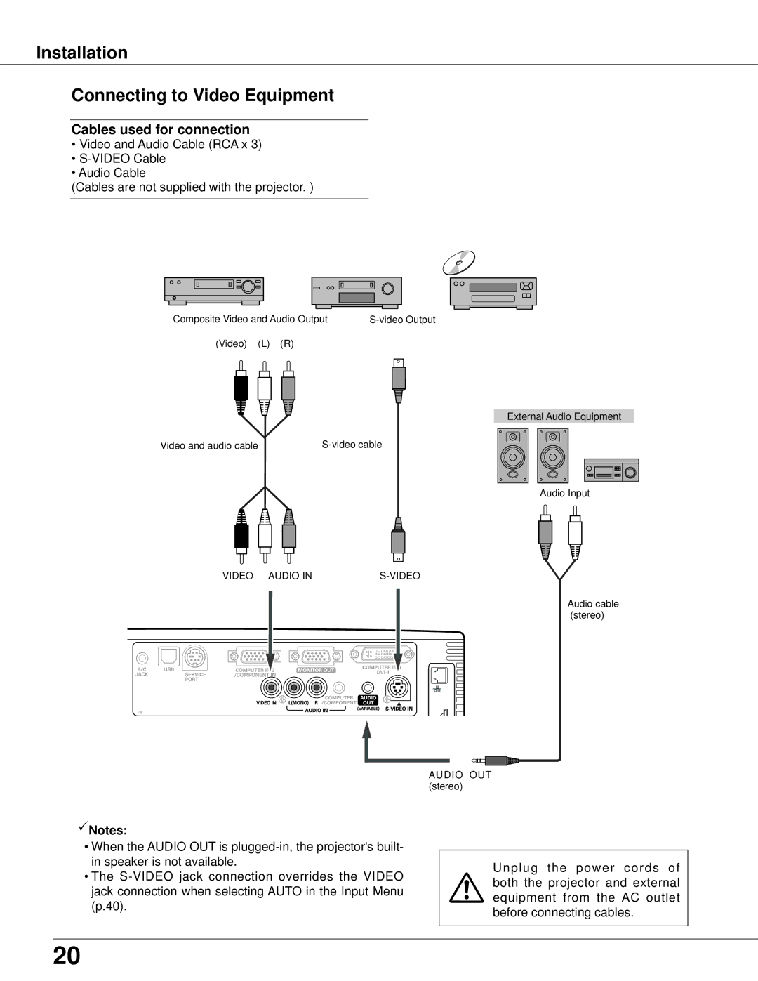 Eiki LC-XB42N owner manual Installation Connecting to Video Equipment 