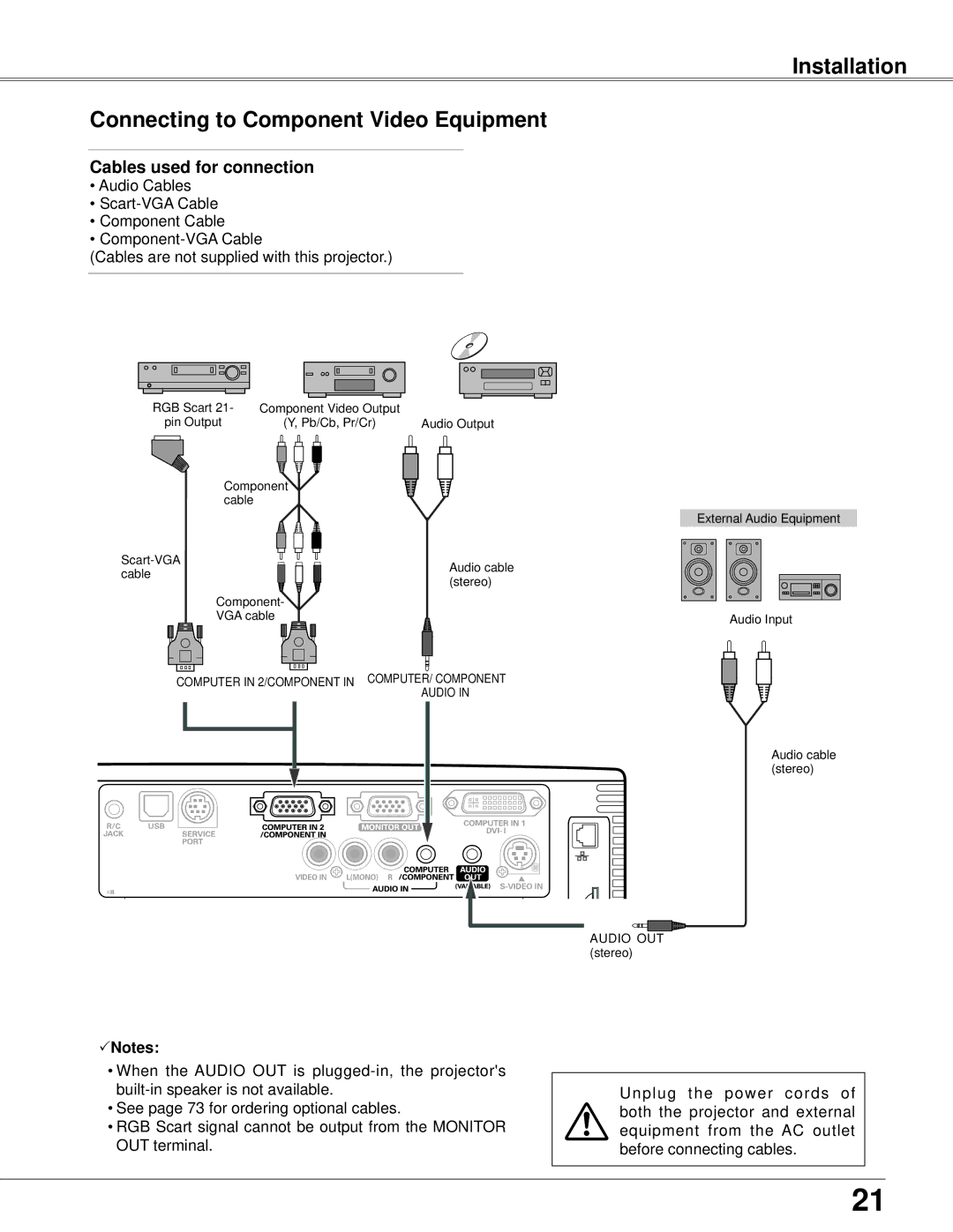 Eiki LC-XB42N owner manual Installation Connecting to Component Video Equipment 