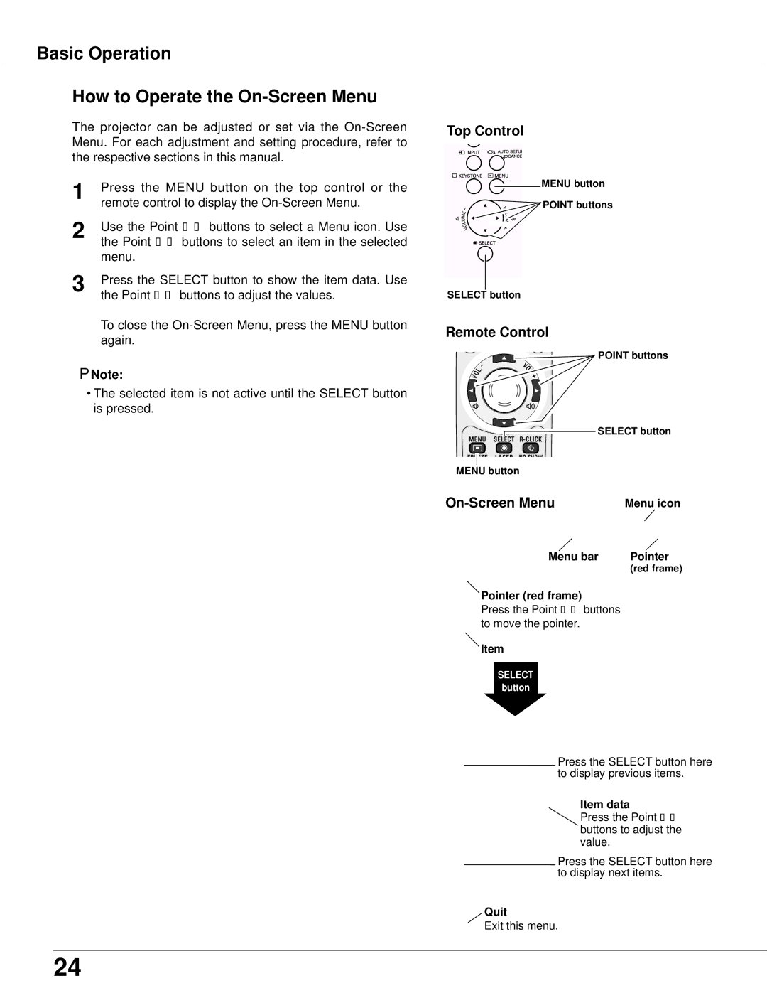 Eiki LC-XB42N owner manual Basic Operation How to Operate the On-Screen Menu, Top Control, Remote Control 