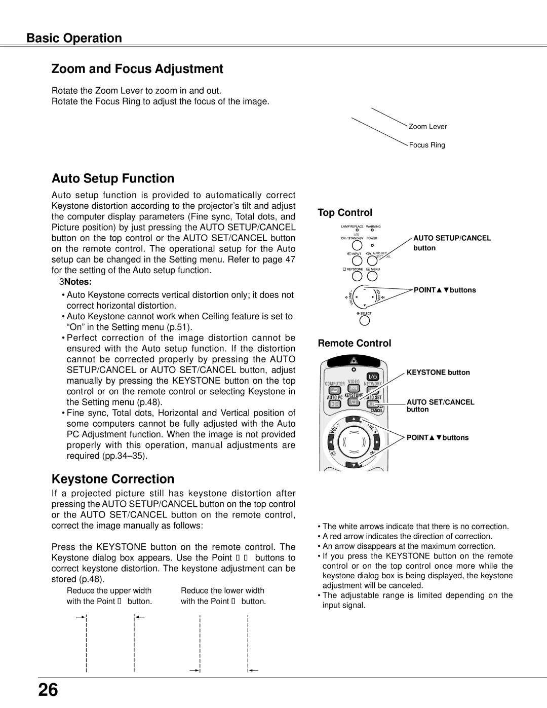 Eiki LC-XB42N owner manual Basic Operation Zoom and Focus Adjustment, Auto Setup Function, Keystone Correction 