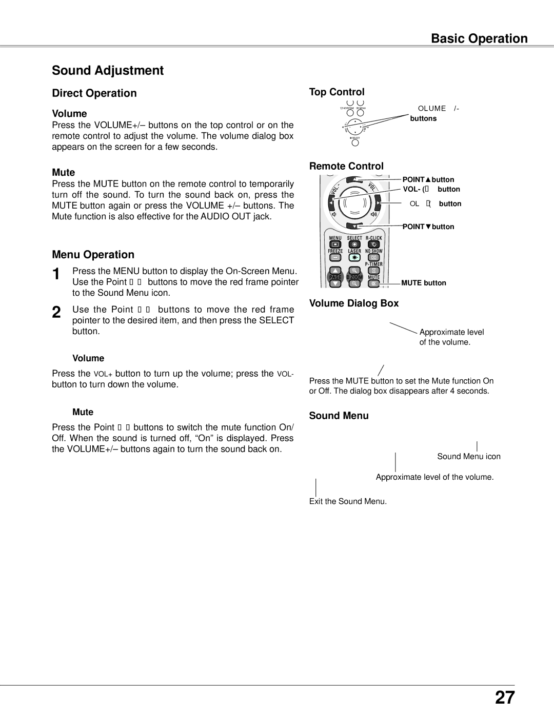 Eiki LC-XB42N owner manual Basic Operation Sound Adjustment, Direct Operation, Menu Operation 