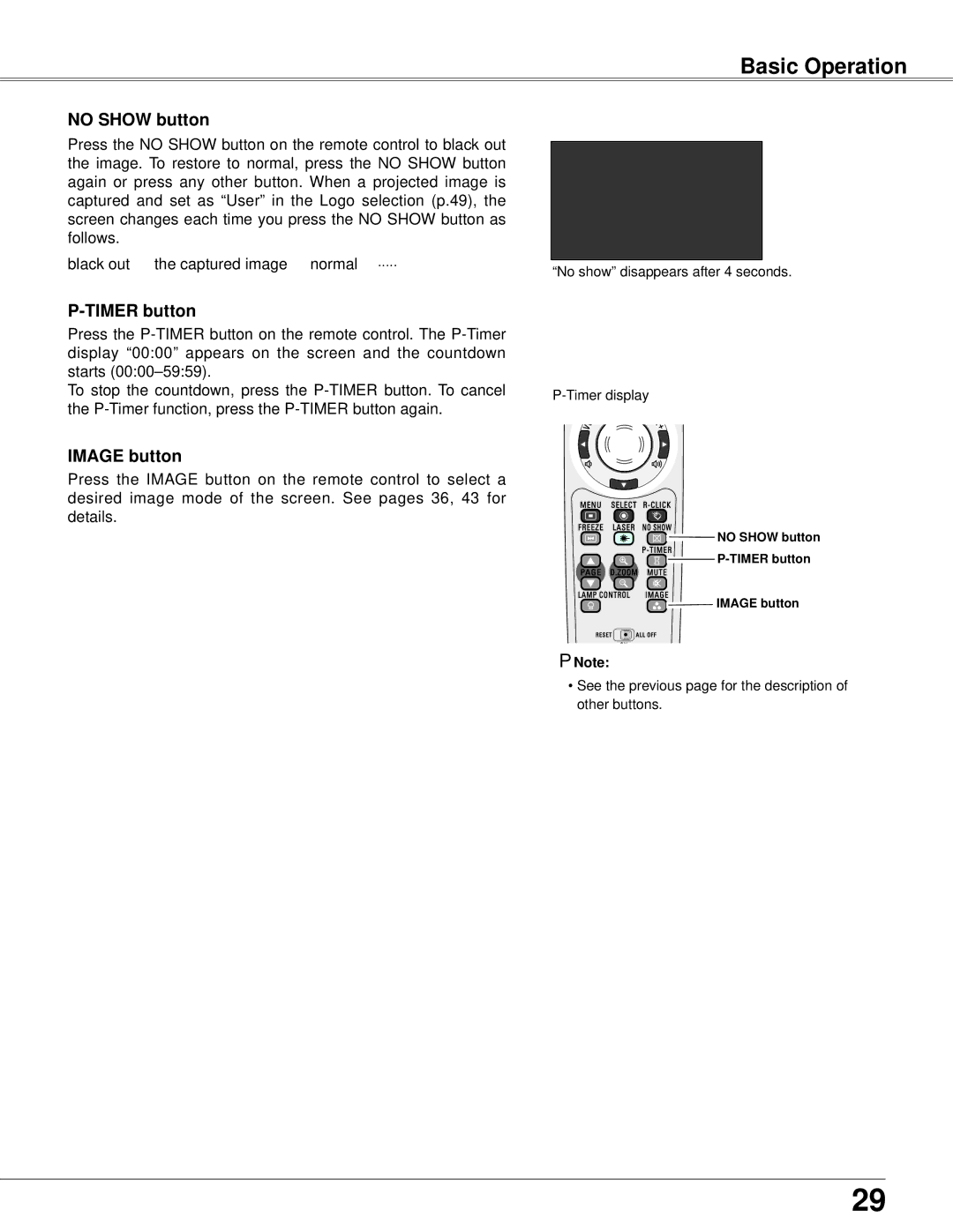 Eiki LC-XB42N owner manual Basic Operation, No Show button, Timer button, Image button 