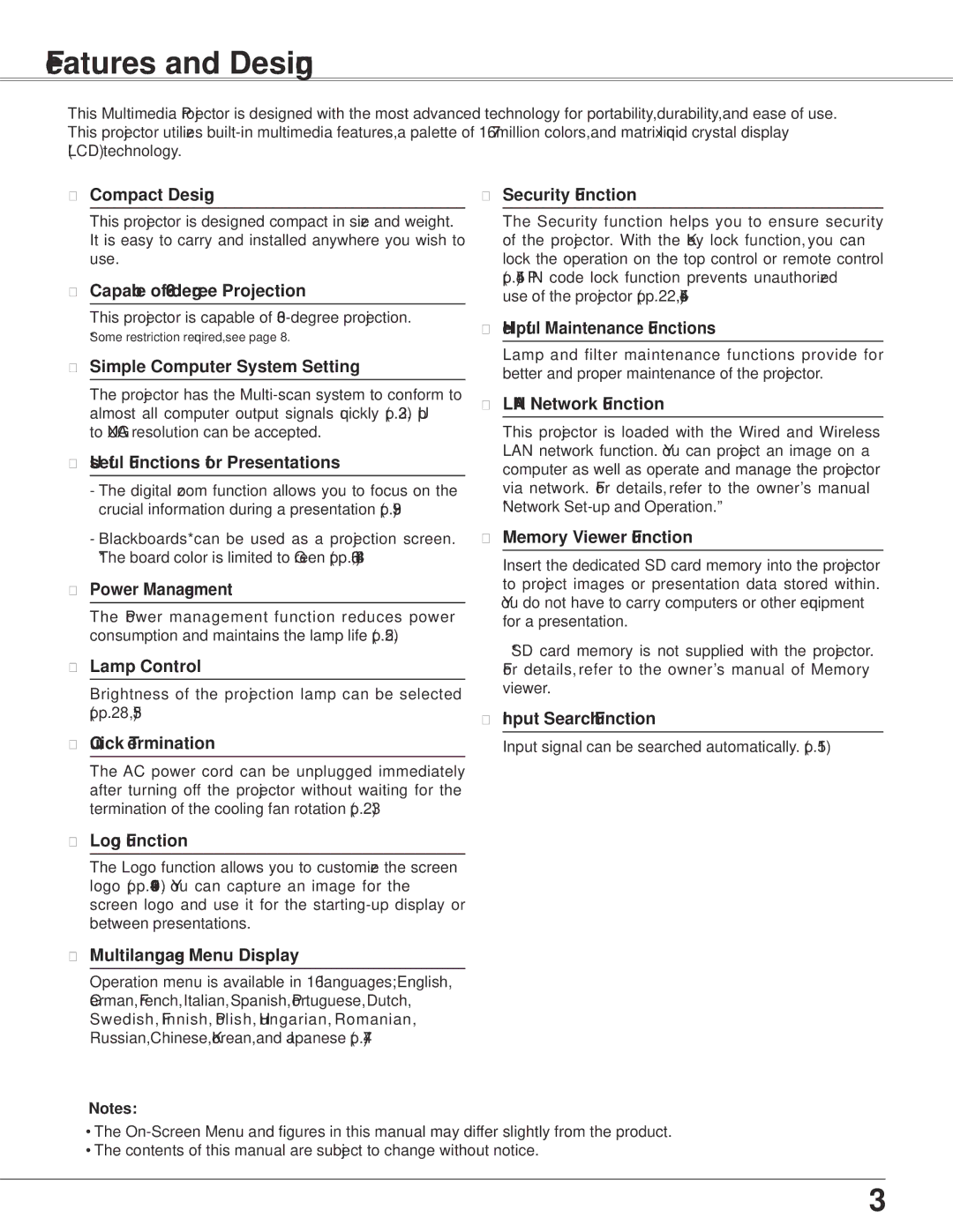 Eiki LC-XB42N owner manual Features and Design 