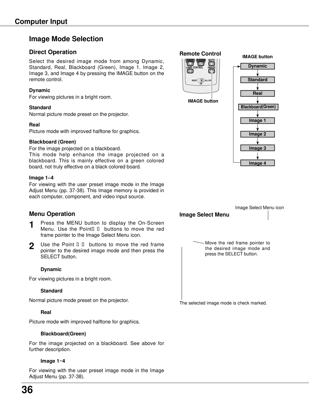 Eiki LC-XB42N owner manual Computer Input Image Mode Selection, Image Select Menu 