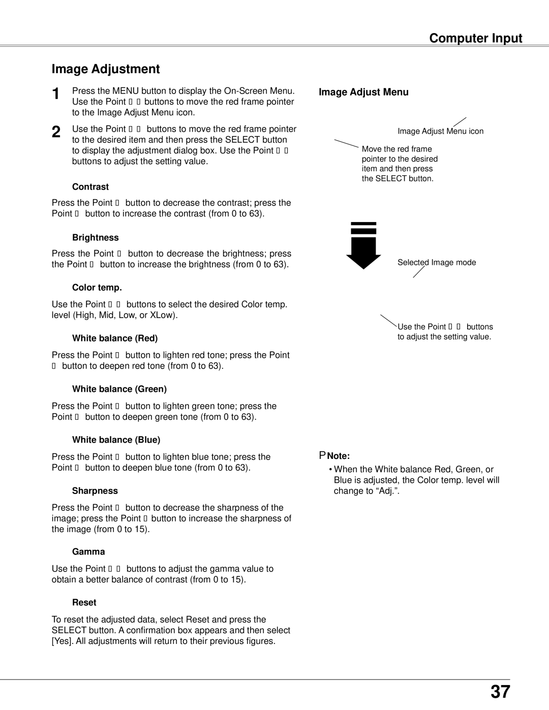 Eiki LC-XB42N owner manual Computer Input Image Adjustment, Image Adjust Menu 