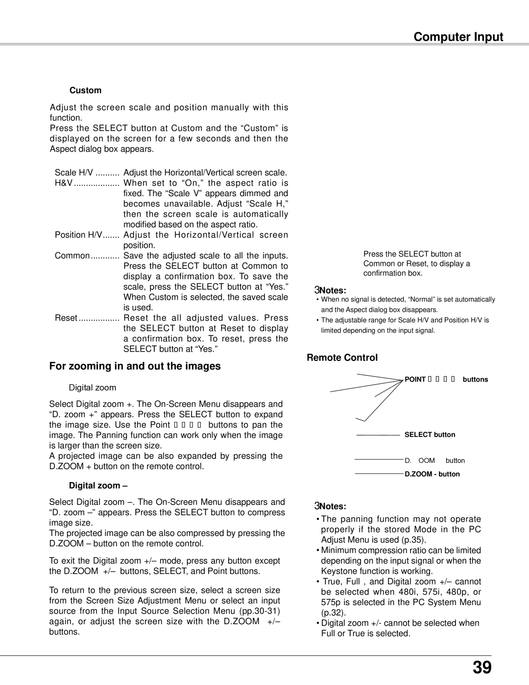 Eiki LC-XB42N owner manual For zooming in and out the images, Custom, Digital zoom + 