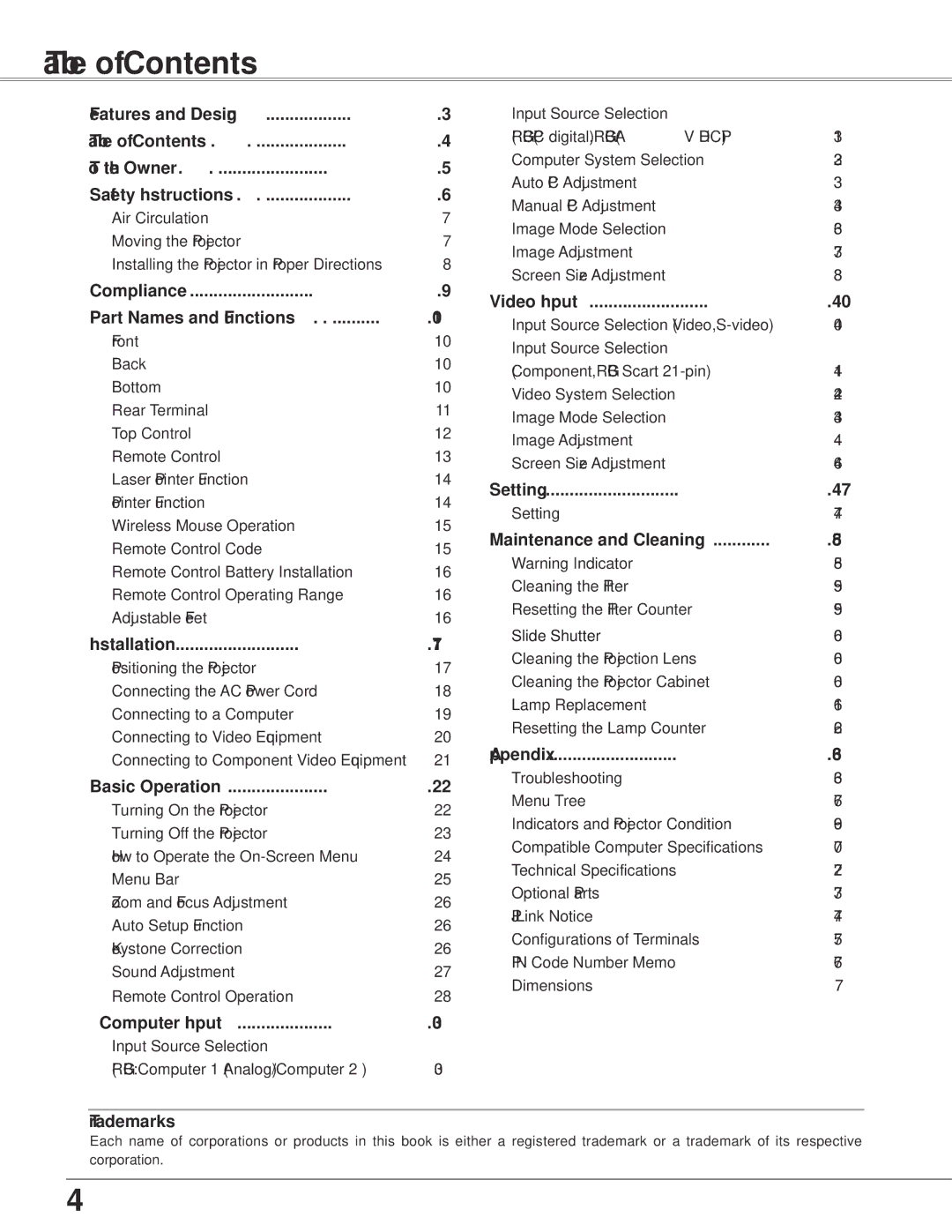 Eiki LC-XB42N owner manual Table of Contents 