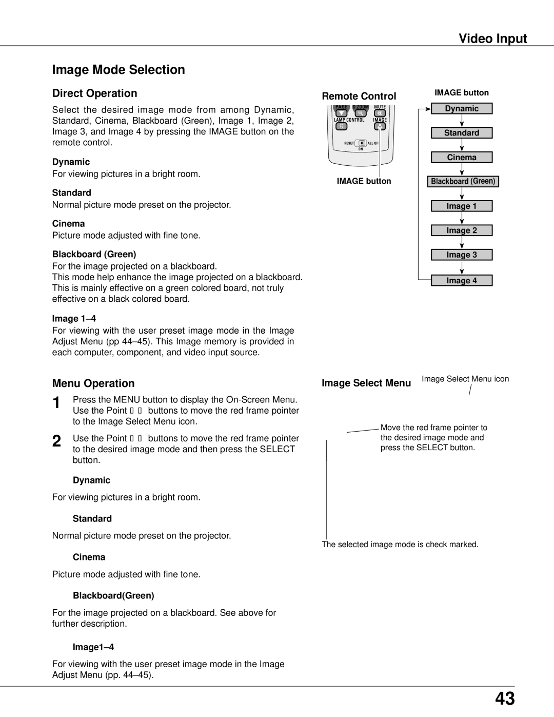 Eiki LC-XB42N owner manual Video Input Image Mode Selection, Cinema, Image1-4 