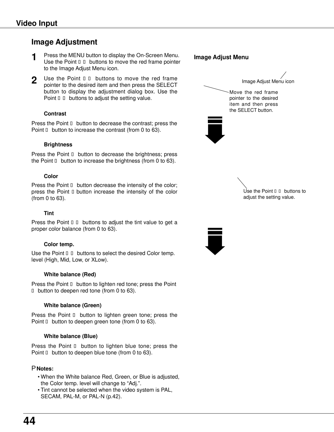 Eiki LC-XB42N owner manual Video Input Image Adjustment, Color, Tint 