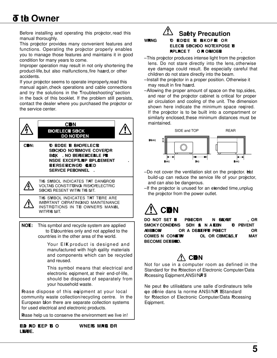 Eiki LC-XB42N owner manual To the Owner, Safety Precaution 