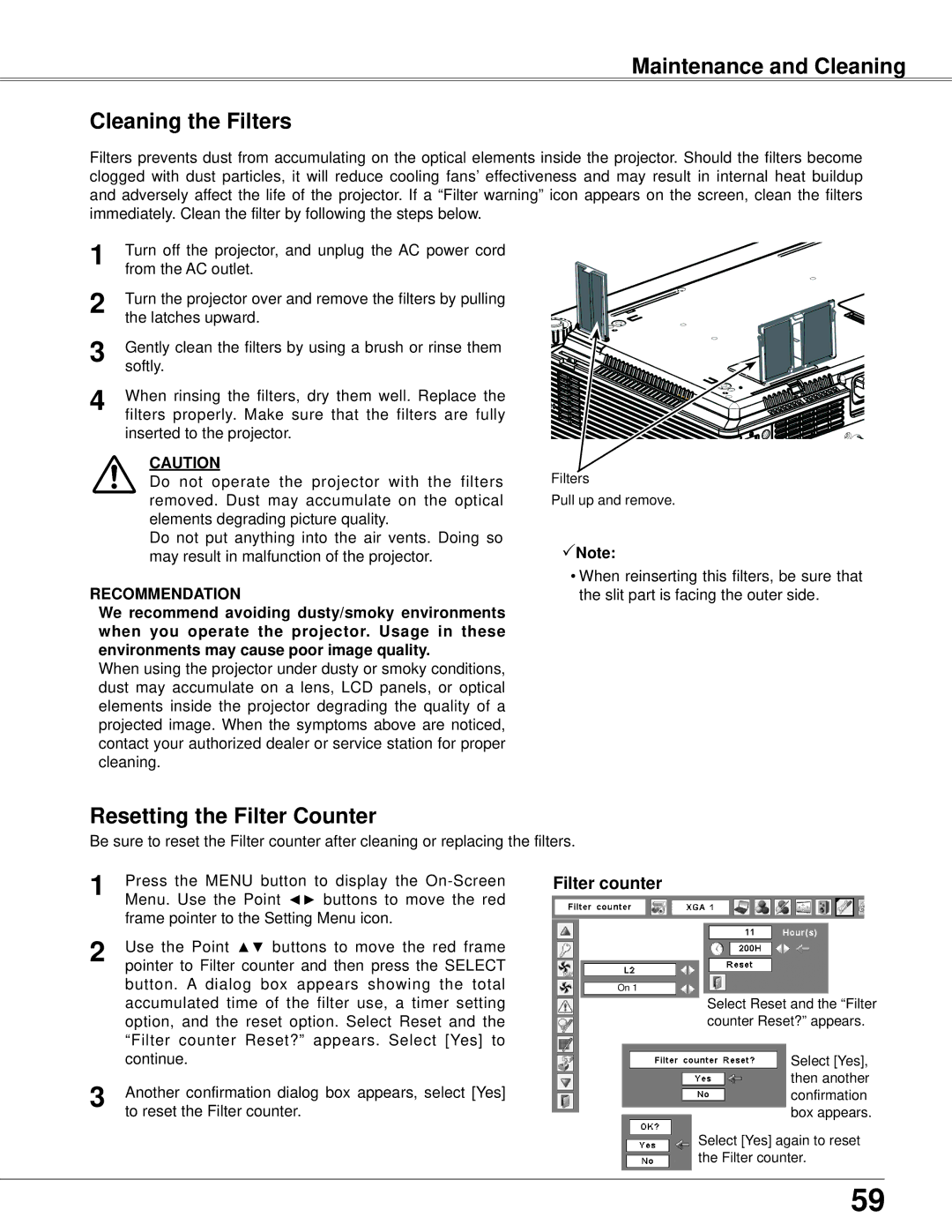 Eiki LC-XB42N owner manual Maintenance and Cleaning Cleaning the Filters, Resetting the Filter Counter 