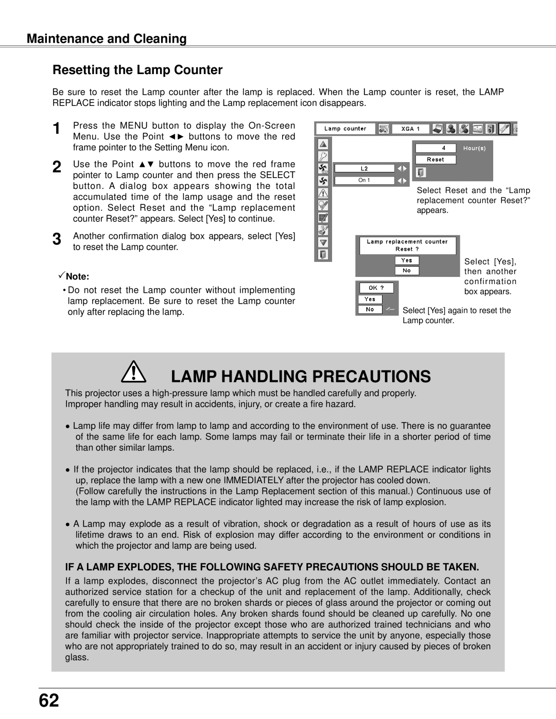 Eiki LC-XB42N owner manual Lamp Handling Precautions, Maintenance and Cleaning Resetting the Lamp Counter 