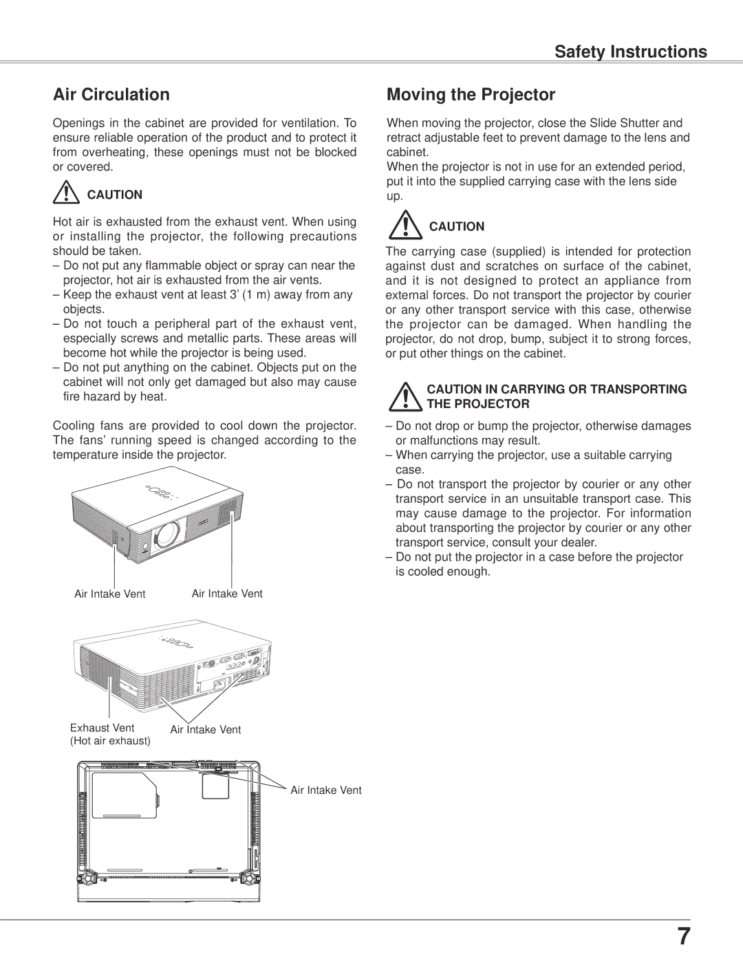 Eiki LC-XB42N owner manual Safety Instructions Air Circulation, Moving the Projector 